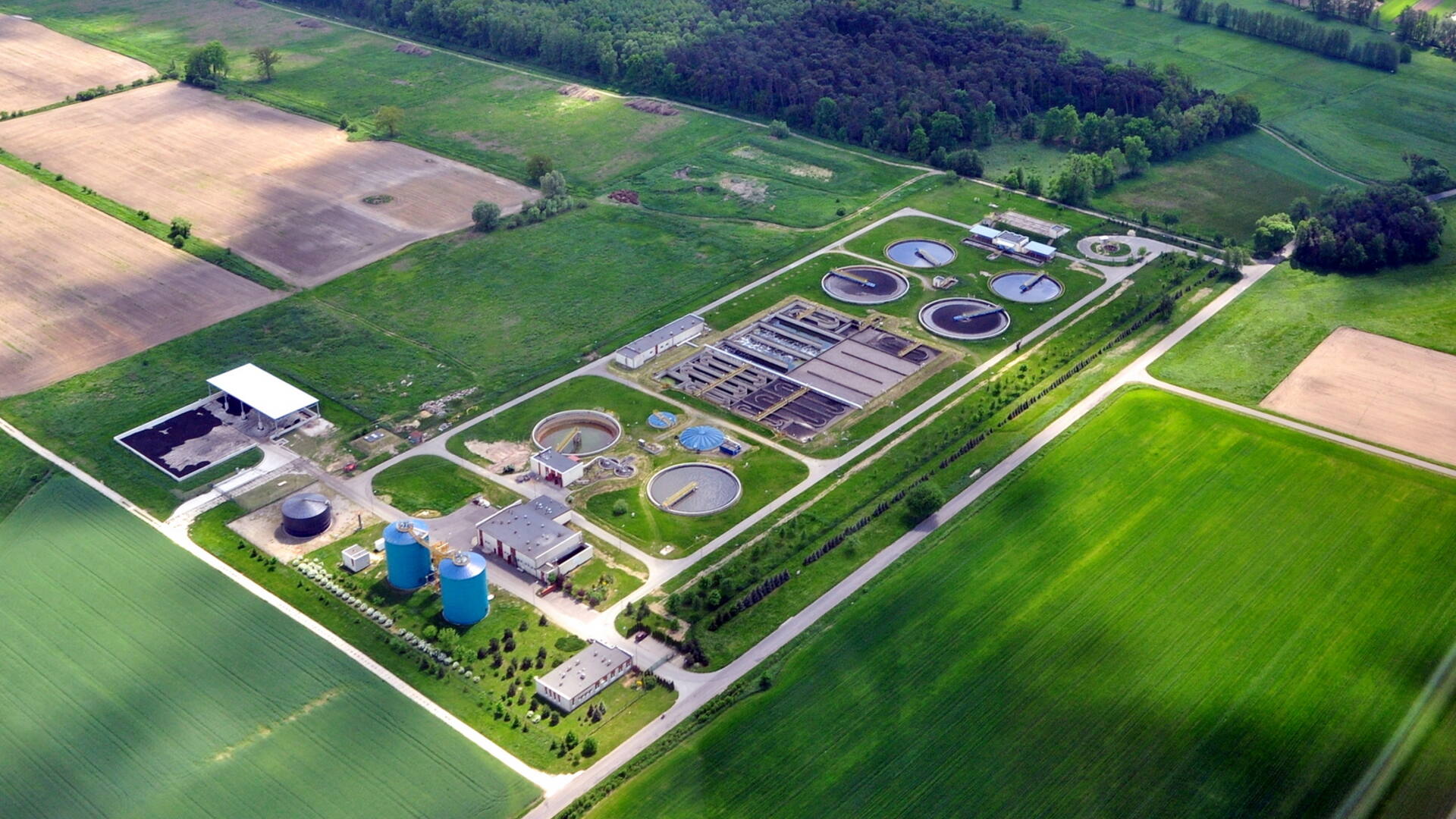 Aerial view of an industrial wastewater treatment plant
